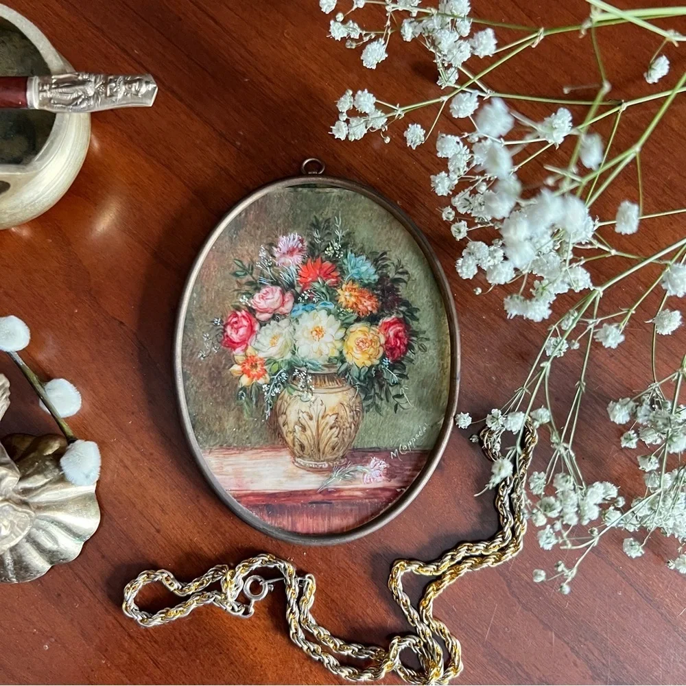 Antique Miniature - Framed Oil Painting a Bouquet of Flowers, circa 1850.